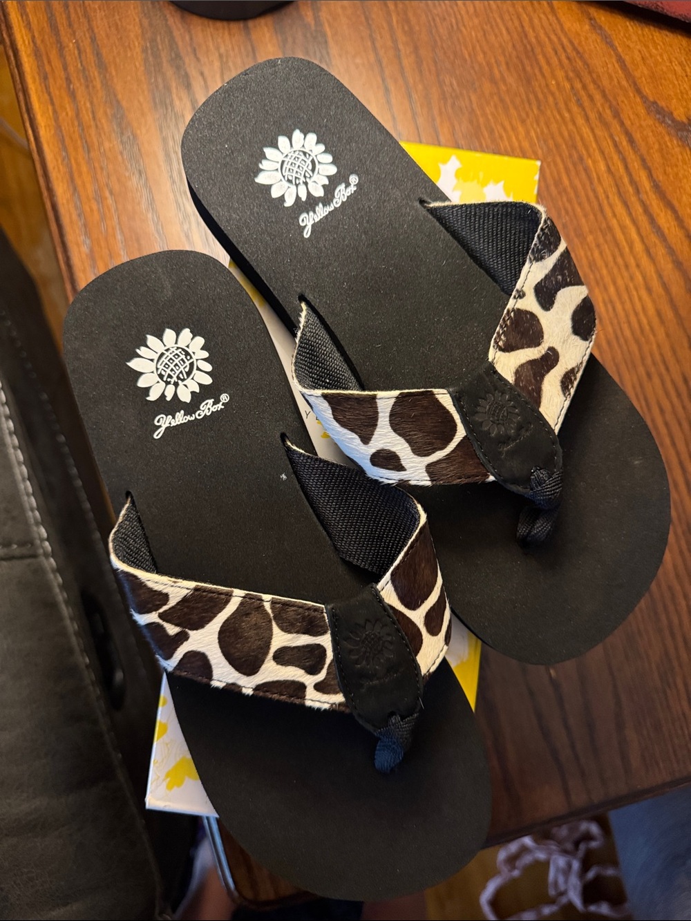 Yellow Box Black Flip Flops with Brown and Cream Giraffe Print Straps